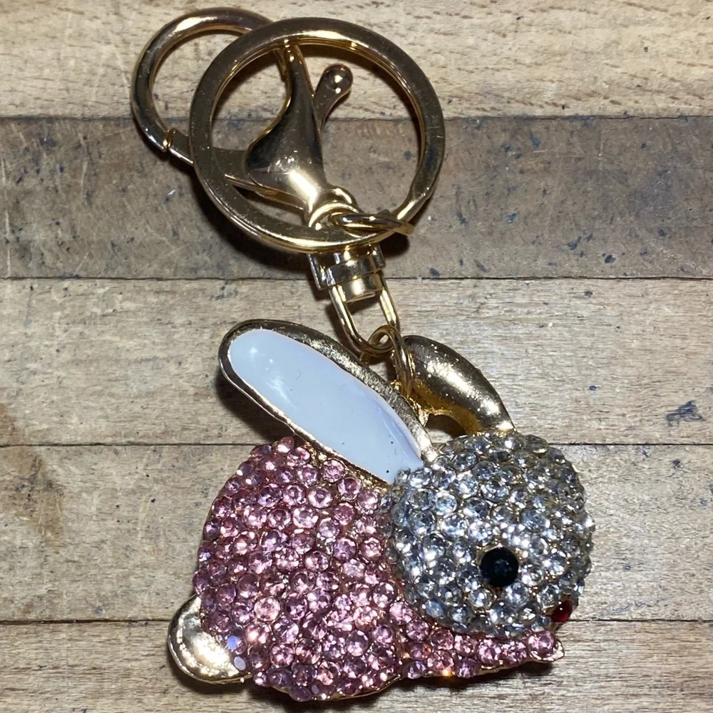 Pink & White Jeweled Rabbit Keychain - Picture 1 of 6